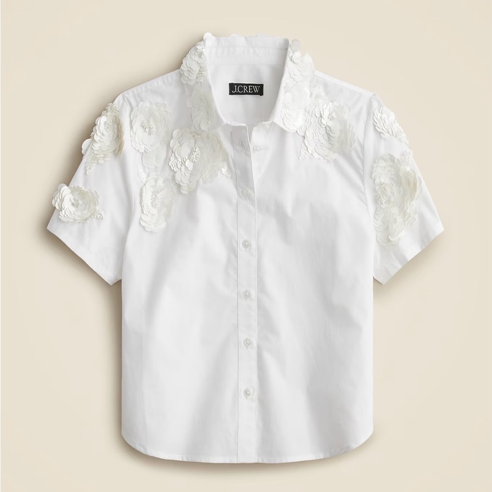 J Crew Collection 100% Cotton 3D Floral Appliqués Cropped Button Down NWT Sz 4